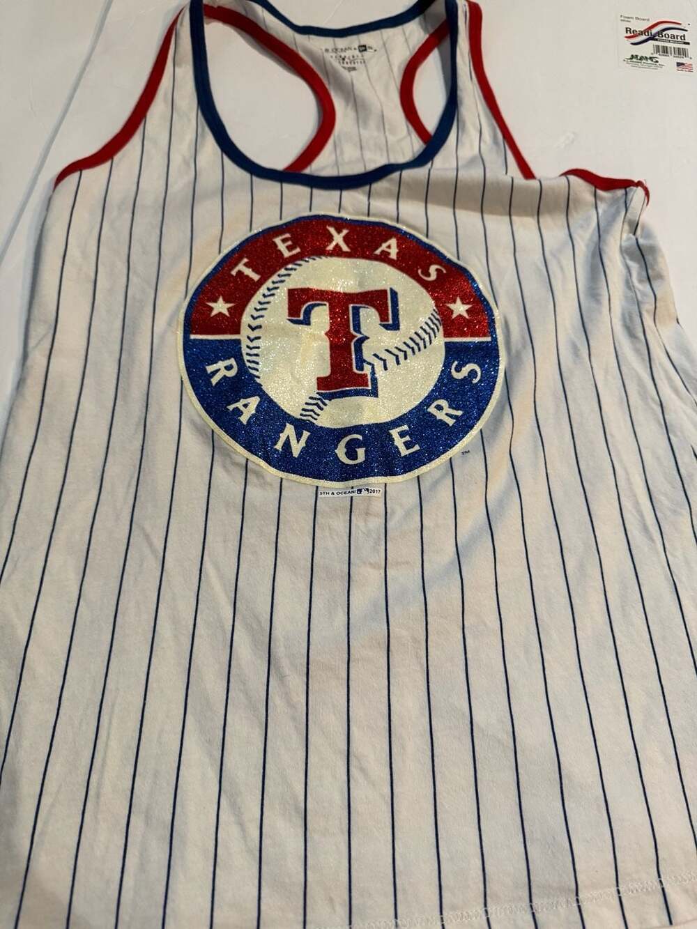 5th & Ocean by New Era Texas Rangers Women's Pinstripe Glitter Racerback Tank To